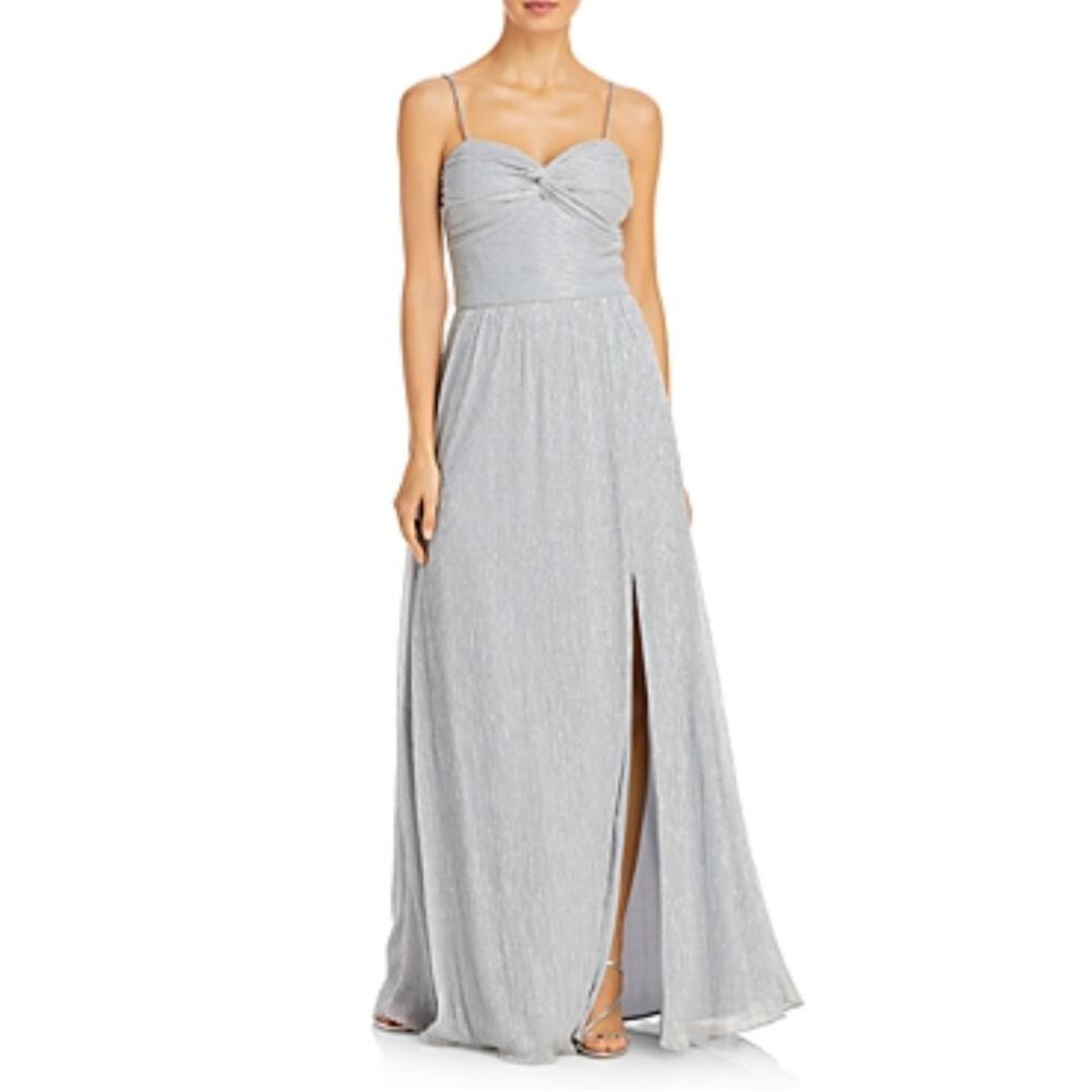 AQUA Sleeveless Thigh Slit Long A-Line Evening Gown Silver Size 6 Formal Dress